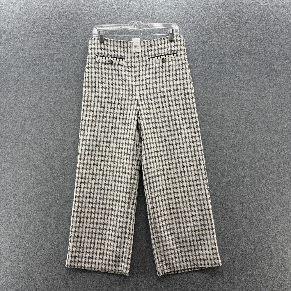Ann Taylor Pants Womens 6 White Black Check Tweed Wide Leg Cropped Lined Work